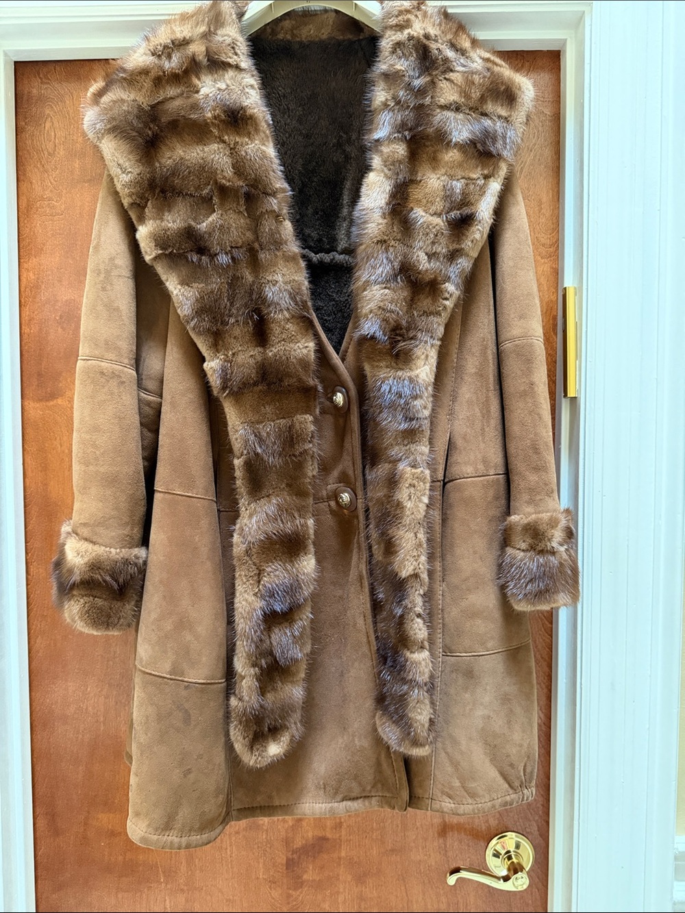 Women's Brown Mink Fur-Trim Shearling Coat
